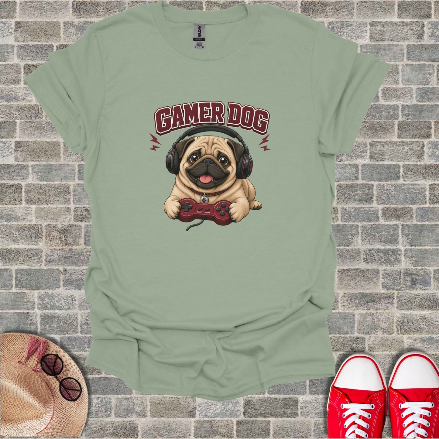 Cartoon dog wearing headphones and holding a video game controller.