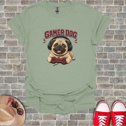 Cartoon dog wearing headphones and holding a video game controller.