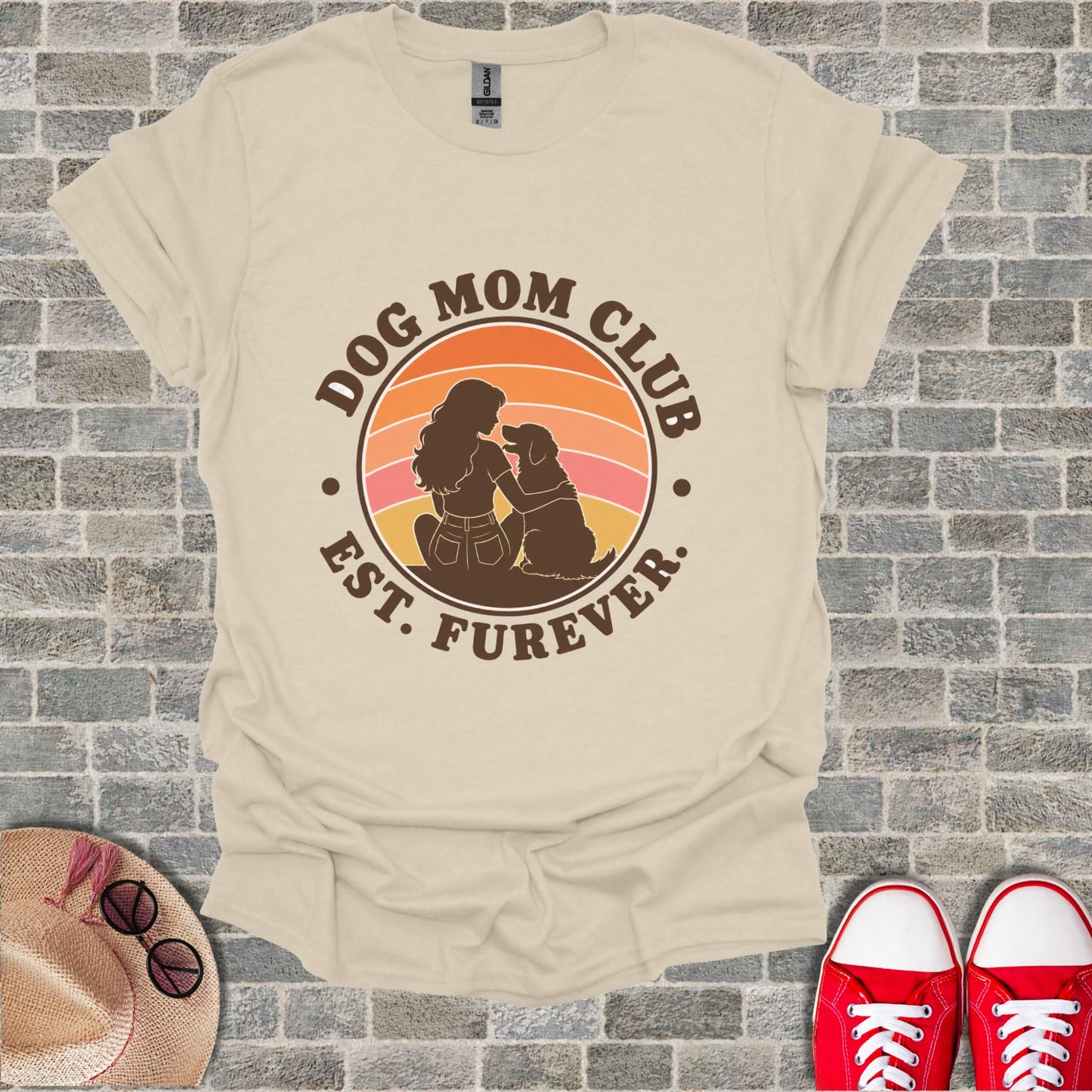 Cream t-shirt with "Dog Mom Club Est. Furever" graphic featuring a woman and dog.