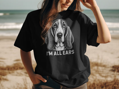 Black t-shirt featuring a close-up illustration of a Basset Hound with text "I'M ALL EARS".