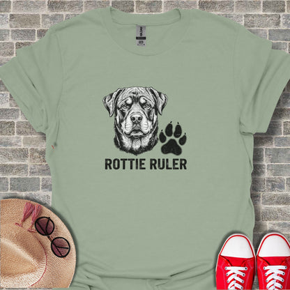 Light green t-shirt with a Rottweiler and paw print graphic and "ROTTIE RULER" text.