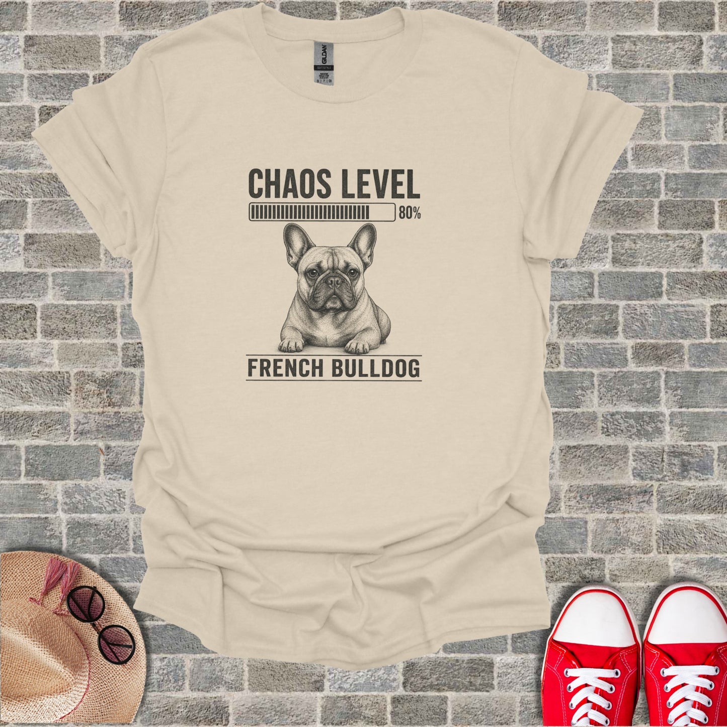 French bulldog graphic with "Chaos Level 80%" text on a cream t-shirt.