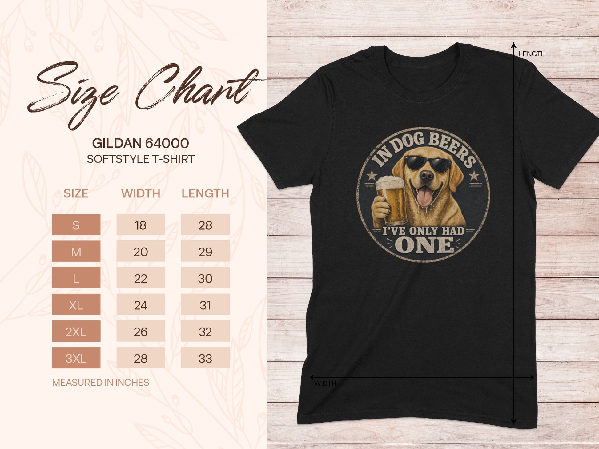 Gildan 64000 t-shirt size chart with dog and beer graphic.