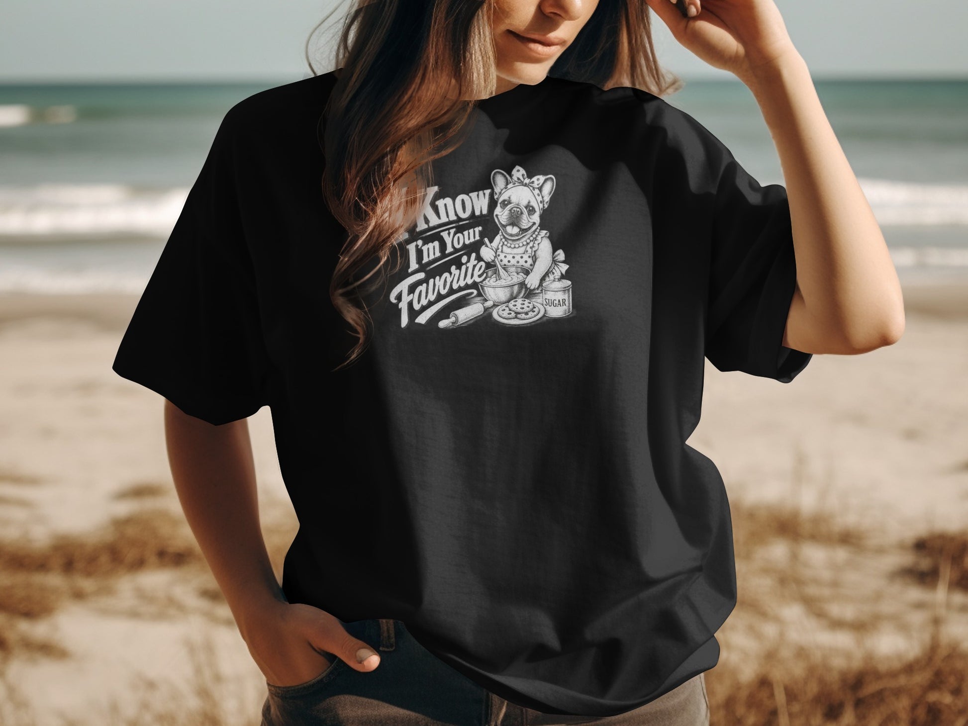 Black t-shirt with French bulldog and "Know I'm Your Favorite" text.