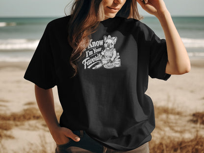 Black t-shirt with French bulldog and "Know I'm Your Favorite" text.