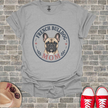 Grey t-shirt with French Bulldog MOM graphic and a fawn French Bulldog illustration.