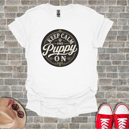 White t-shirt with "Keep Calm and Puppy On" text design.