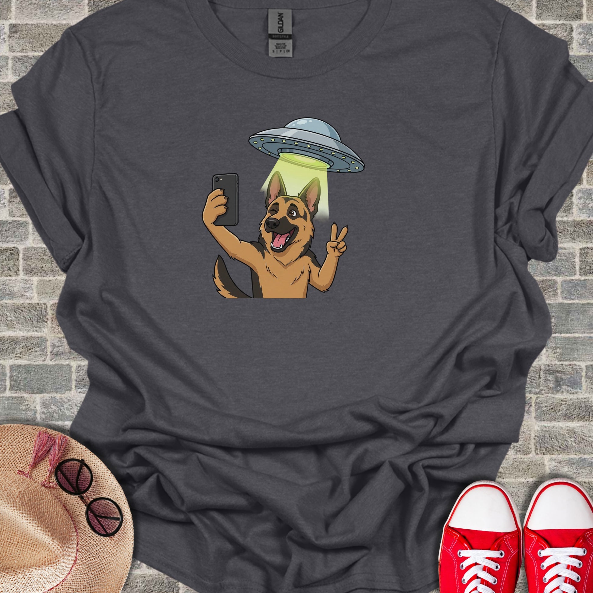 Alien Abduction German Shepherd Selfie Graphic Tee