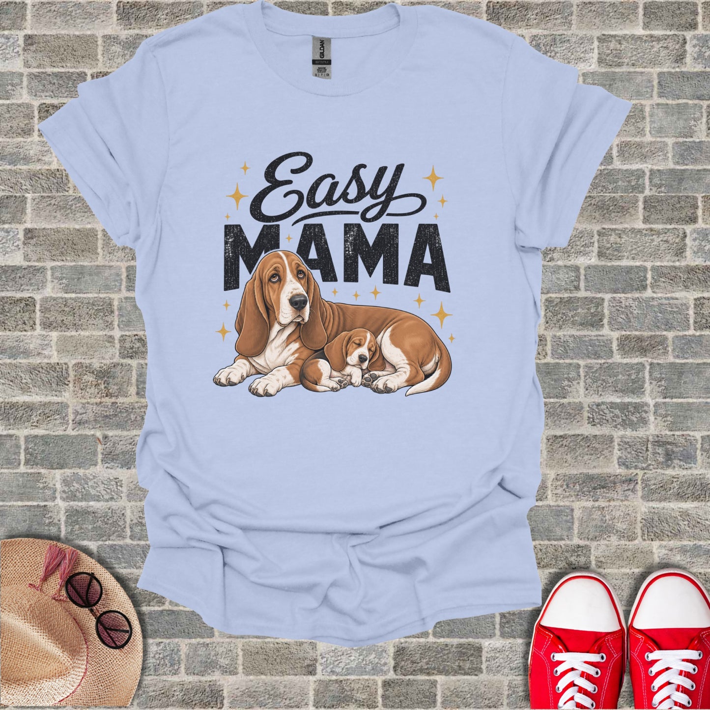 Light blue t-shirt with "Easy Mama" text and two basset hounds.