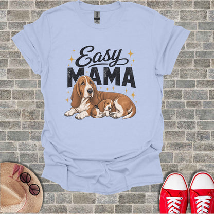 Light blue t-shirt with "Easy Mama" text and two basset hounds.