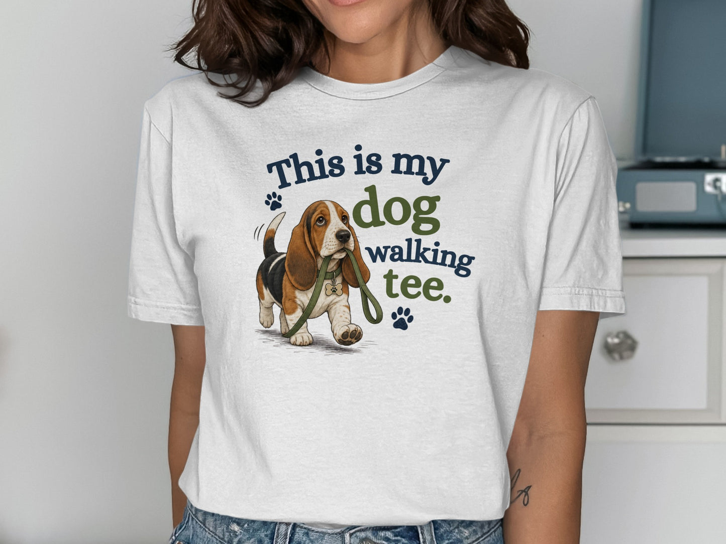 White t-shirt with a Beagle carrying a leash and "This is my dog walking tee." text.