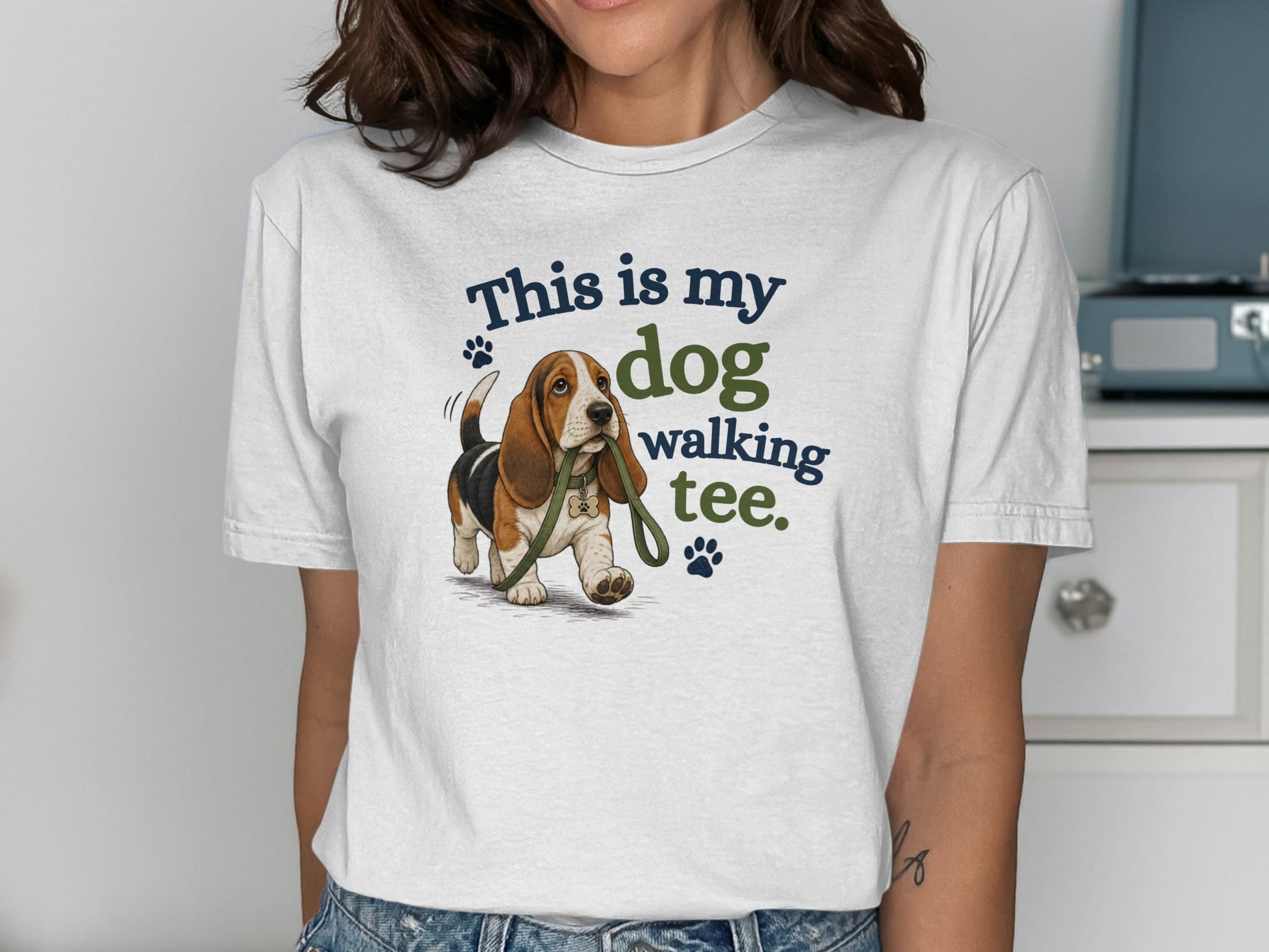 White t-shirt with a Beagle carrying a leash and "This is my dog walking tee." text.