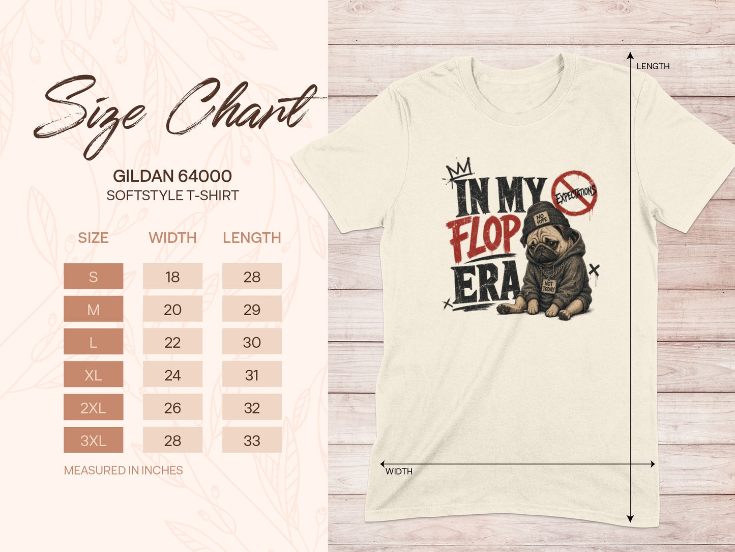 Gildan 64000 size chart with measurements and a graphic of a pug in a hoodie.