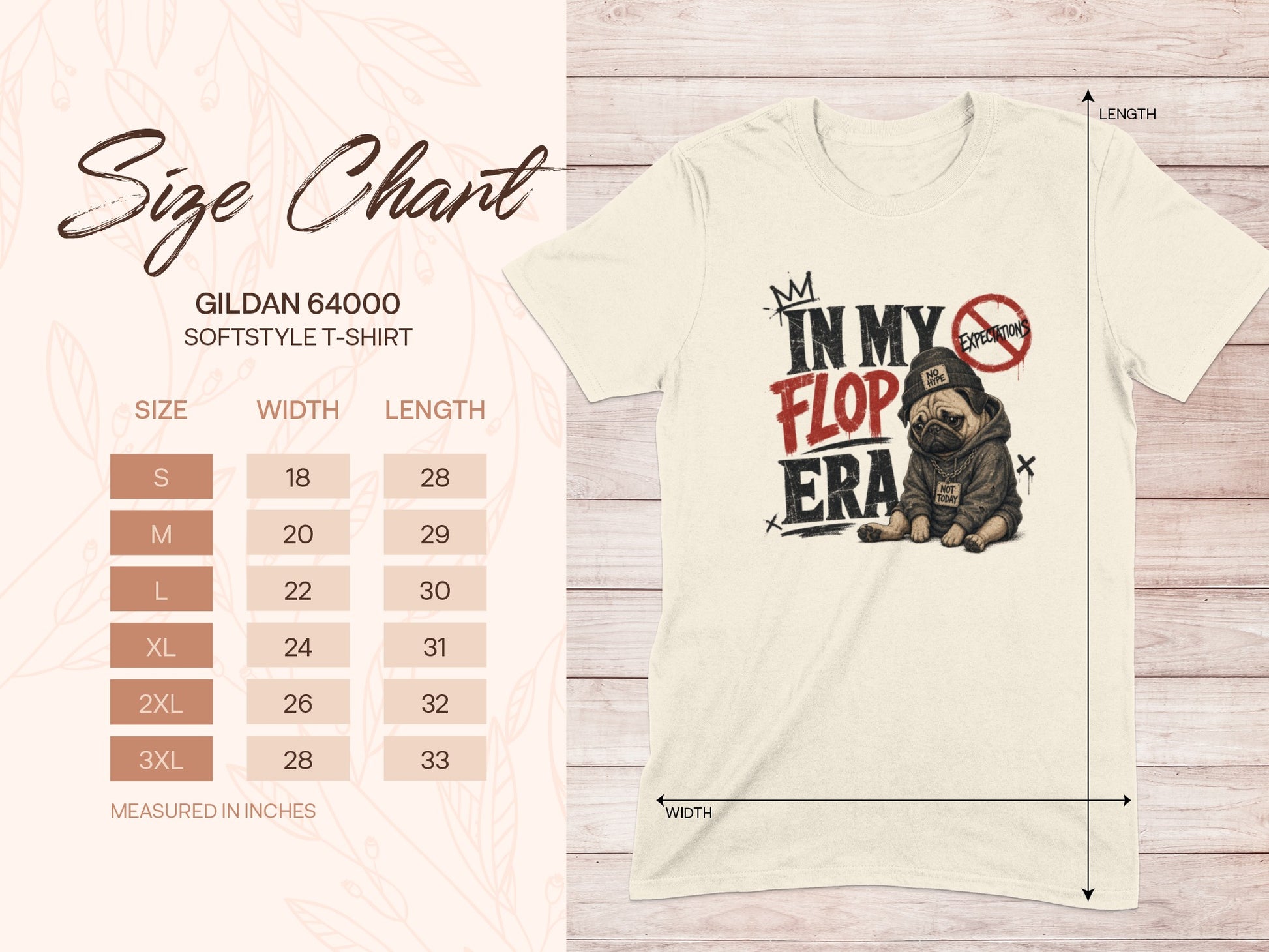 Gildan 64000 size chart with measurements and a graphic of a pug in a hoodie.
