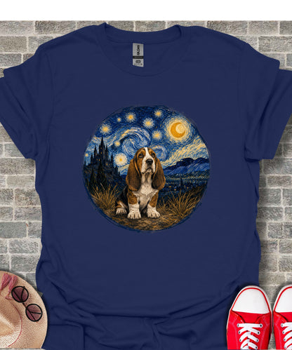 Basset Hound in Van Gogh's Starry Night painting on a navy blue t-shirt.