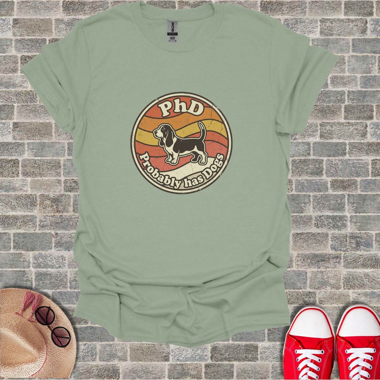 T-shirt with "Probably Has Dogs" text in retro circle design.
