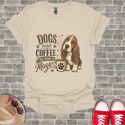 Basset hound with coffee cup, text "Dogs and Coffee... my kind of Magic".