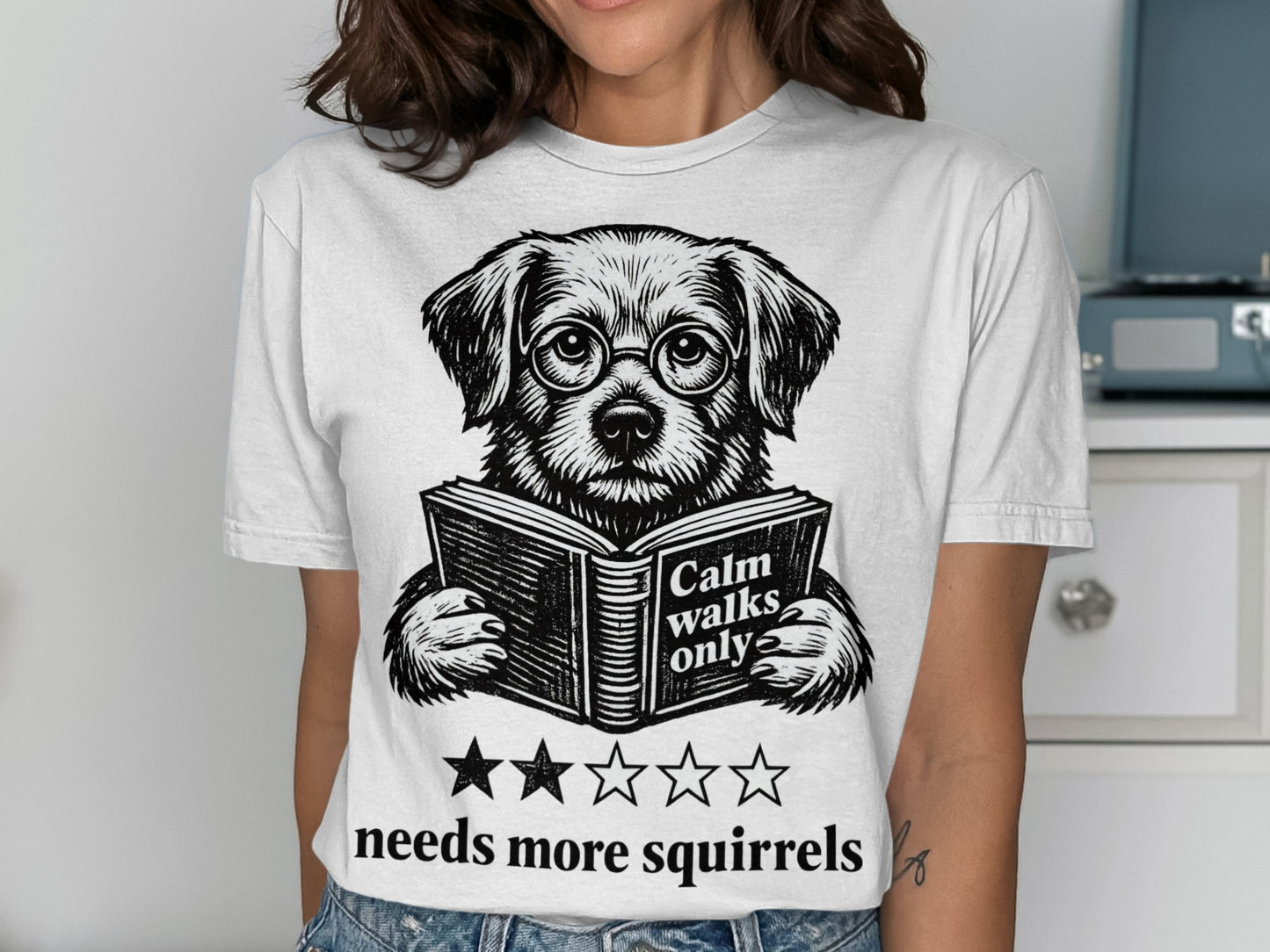 Dog wearing glasses reading book, "Calm walks only" text, four stars.