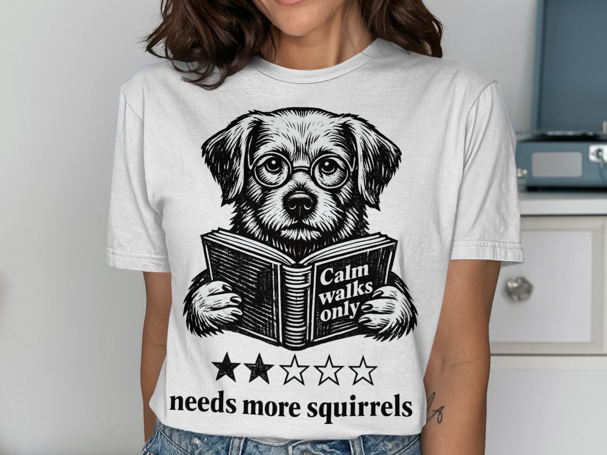 Dog wearing glasses reading book, "Calm walks only" text, four stars.