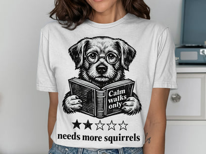 Dog wearing glasses reading book, "Calm walks only" text, four stars.