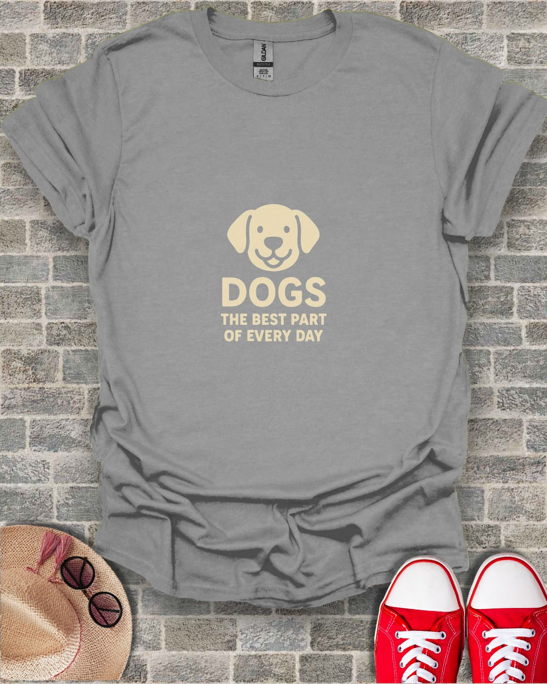 Gray t-shirt with "DOGS THE BEST PART OF EVERY DAY" text and dog graphic.