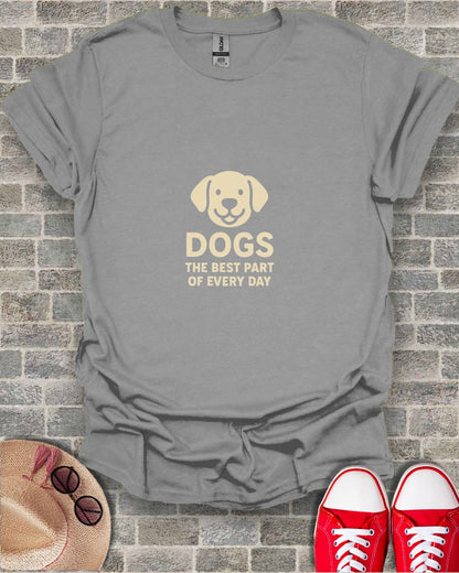 Gray t-shirt with "DOGS THE BEST PART OF EVERY DAY" text and dog graphic.