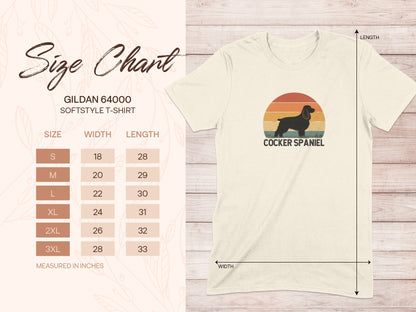 Gildan 64000 softstyle t-shirt size chart with measurements for Cocker Spaniel.