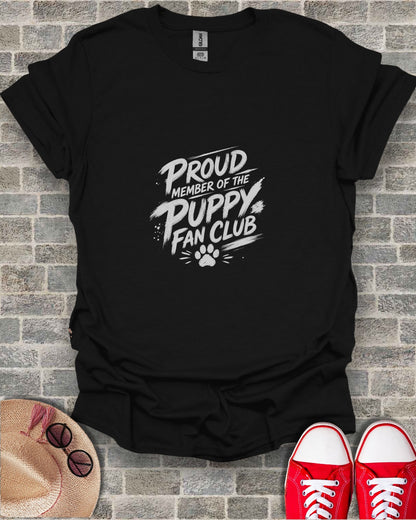 Black t-shirt with "Proud Member of the Puppy Fan Club" text and paw print.