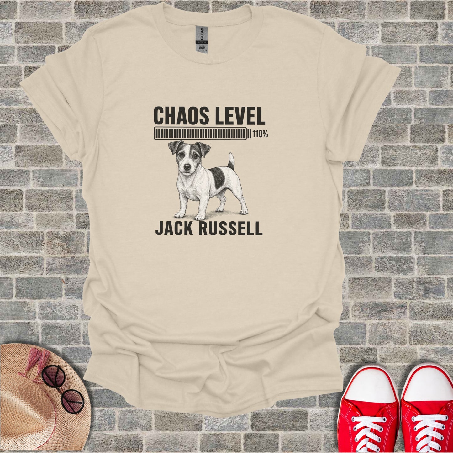 T-shirt featuring a Jack Russell terrier with "Chaos Level 110%" text.