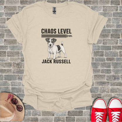 T-shirt featuring a Jack Russell terrier with "Chaos Level 110%" text.