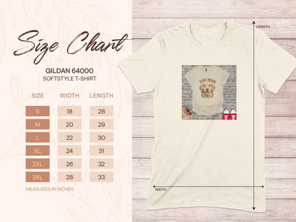 Gildan 64000 softstyle t-shirt size chart with dog mom graphic.