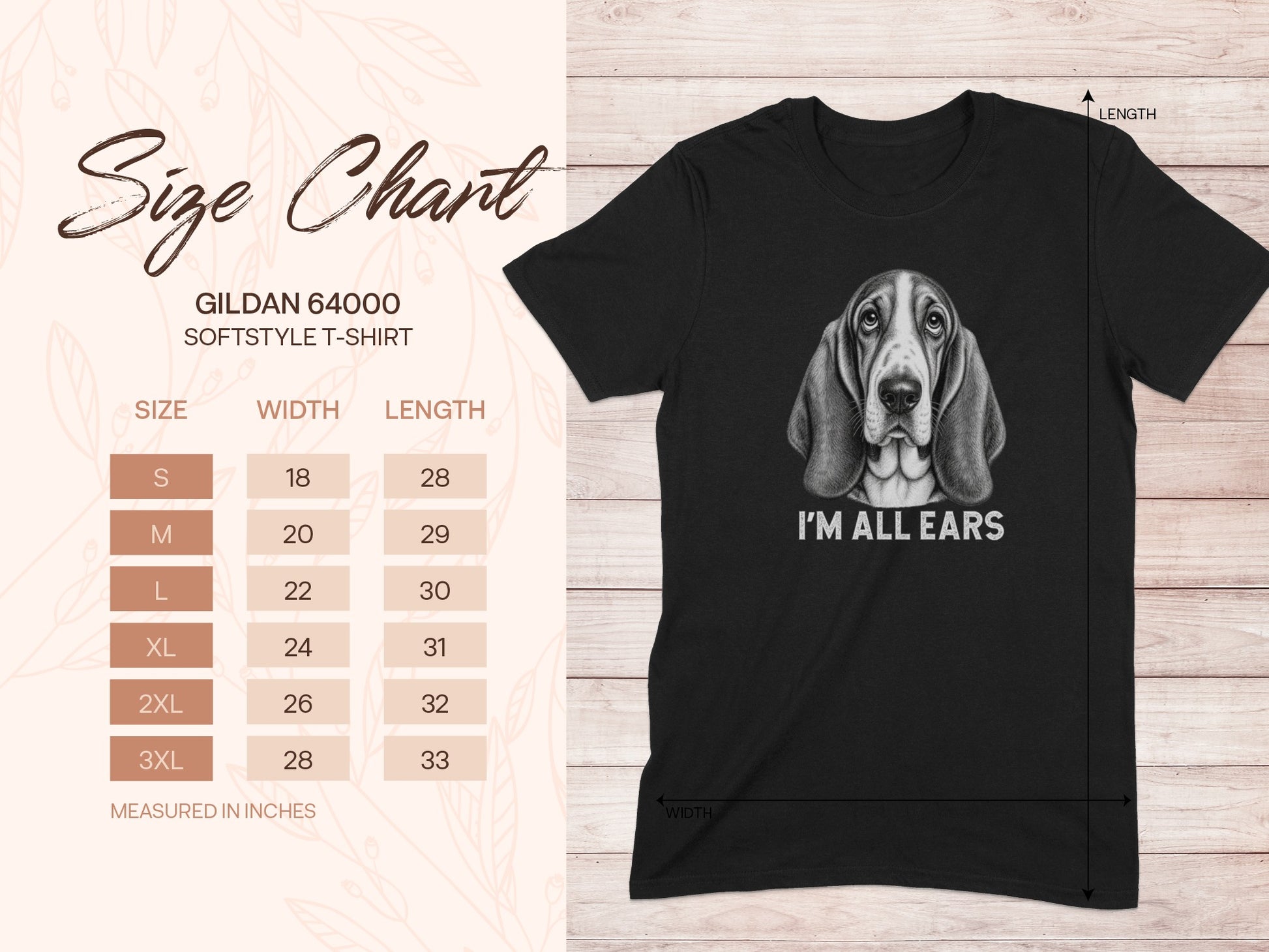 Gildan 64000 t-shirt size chart with "I'm All Ears" graphic.
