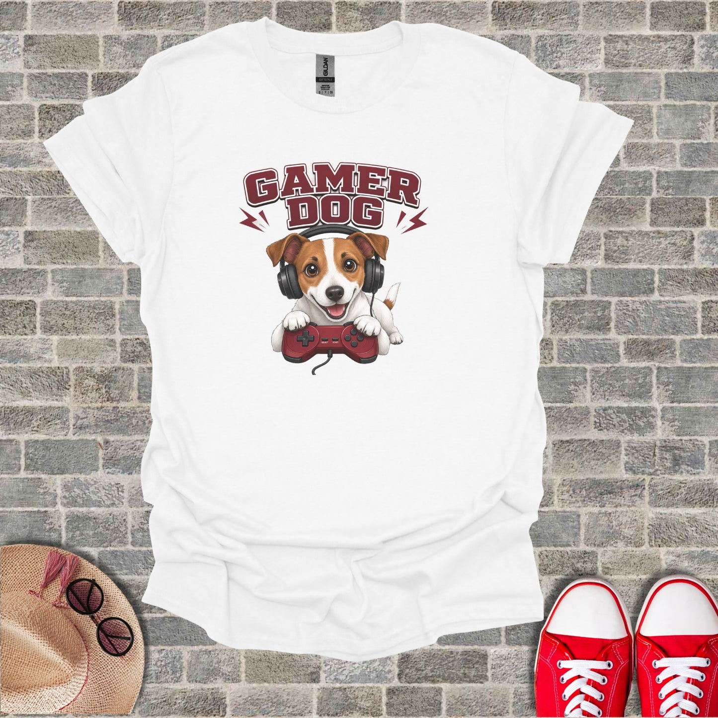 White t-shirt with "Gamer Dog" text and illustration of a dog playing video games.