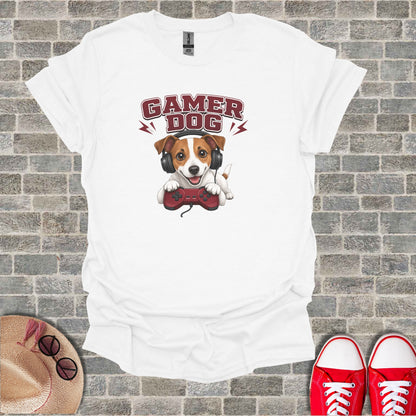 White t-shirt with "Gamer Dog" text and illustration of a dog playing video games.