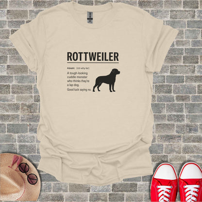 Cream t-shirt with Rottweiler silhouette and humorous definition.