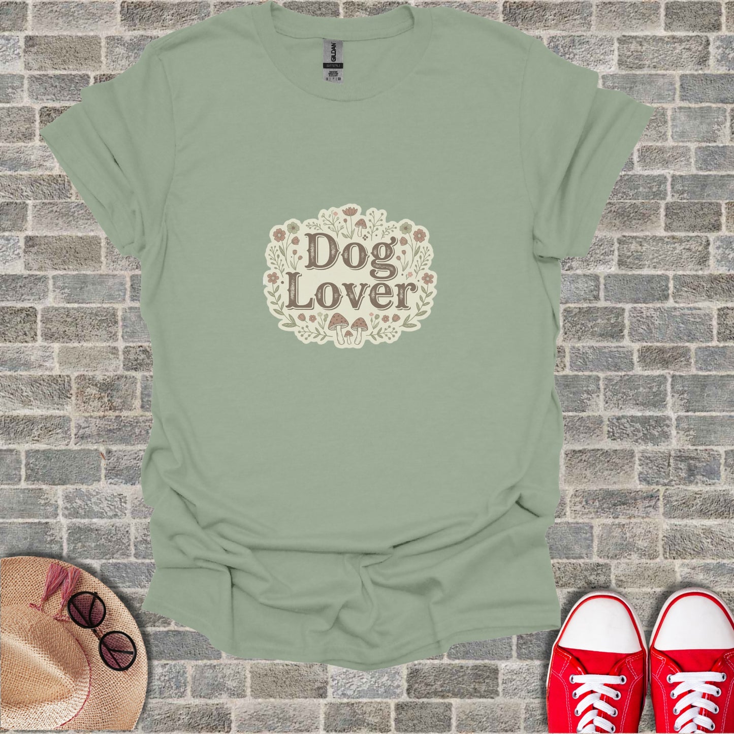 Sage green t-shirt with "Dog Lover" text and floral mushroom design.