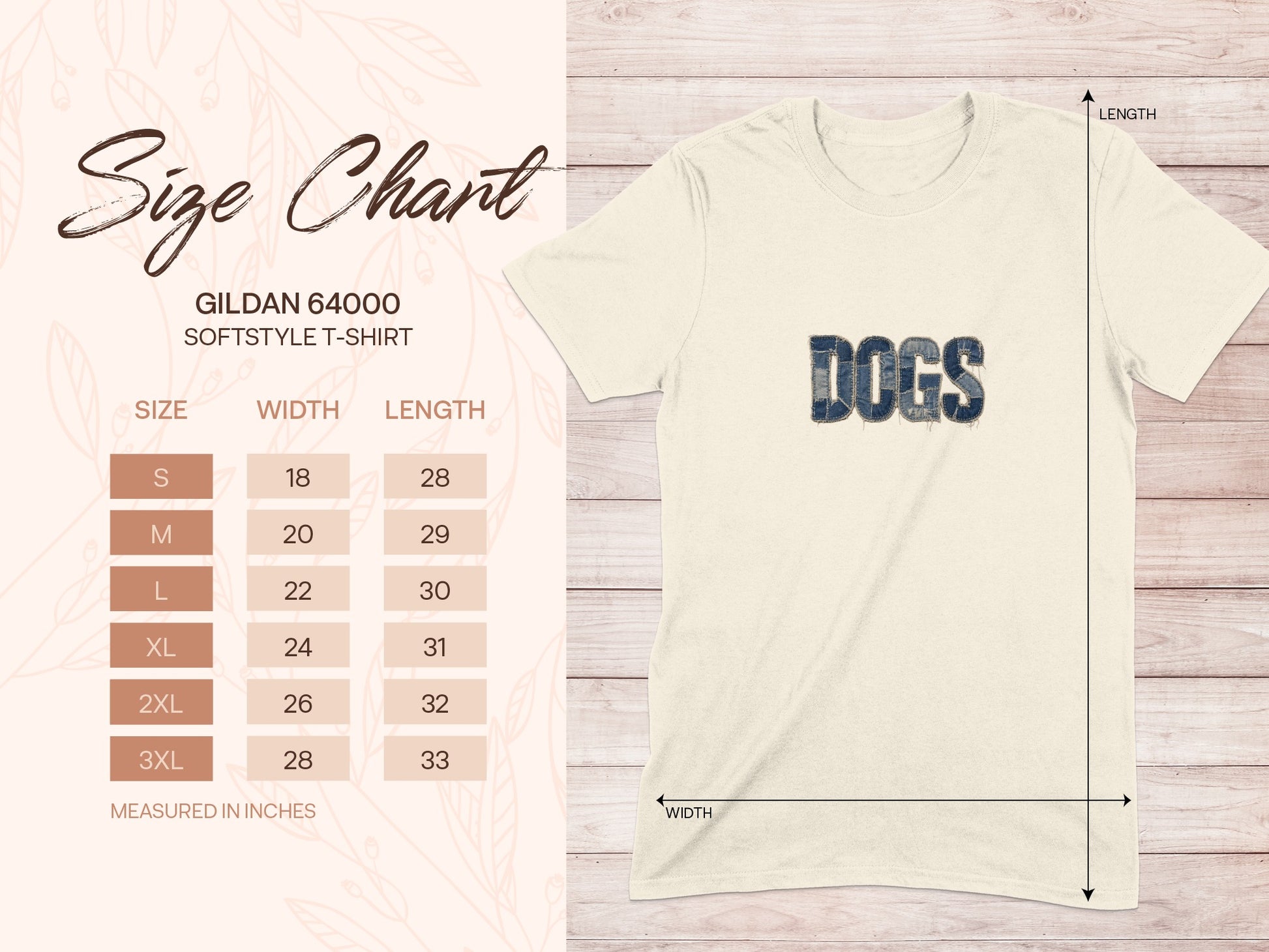 Gildan 64000 size chart for softstyle t-shirt with dog graphic.