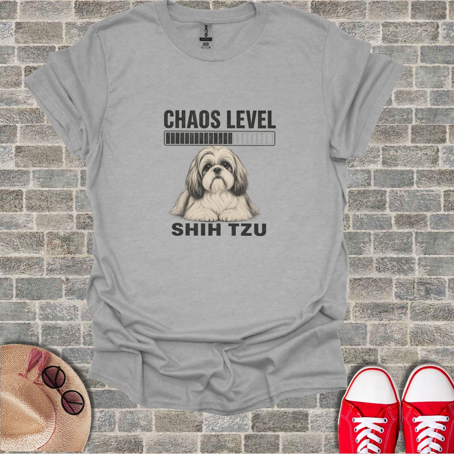Gray t-shirt with "Chaos Level Shih Tzu" and loading bar graphic.