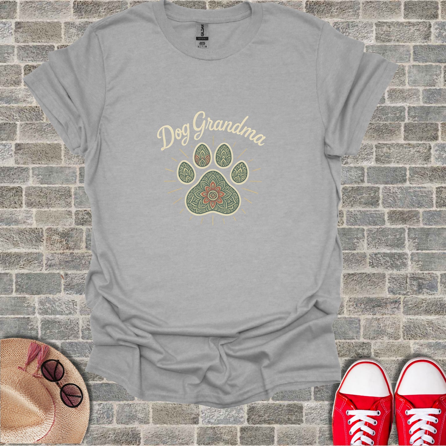 Gray t-shirt with "Dog Grandma" and a paw print design.