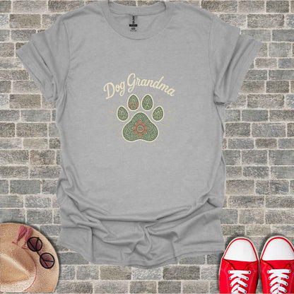 Gray t-shirt with "Dog Grandma" and a paw print design.