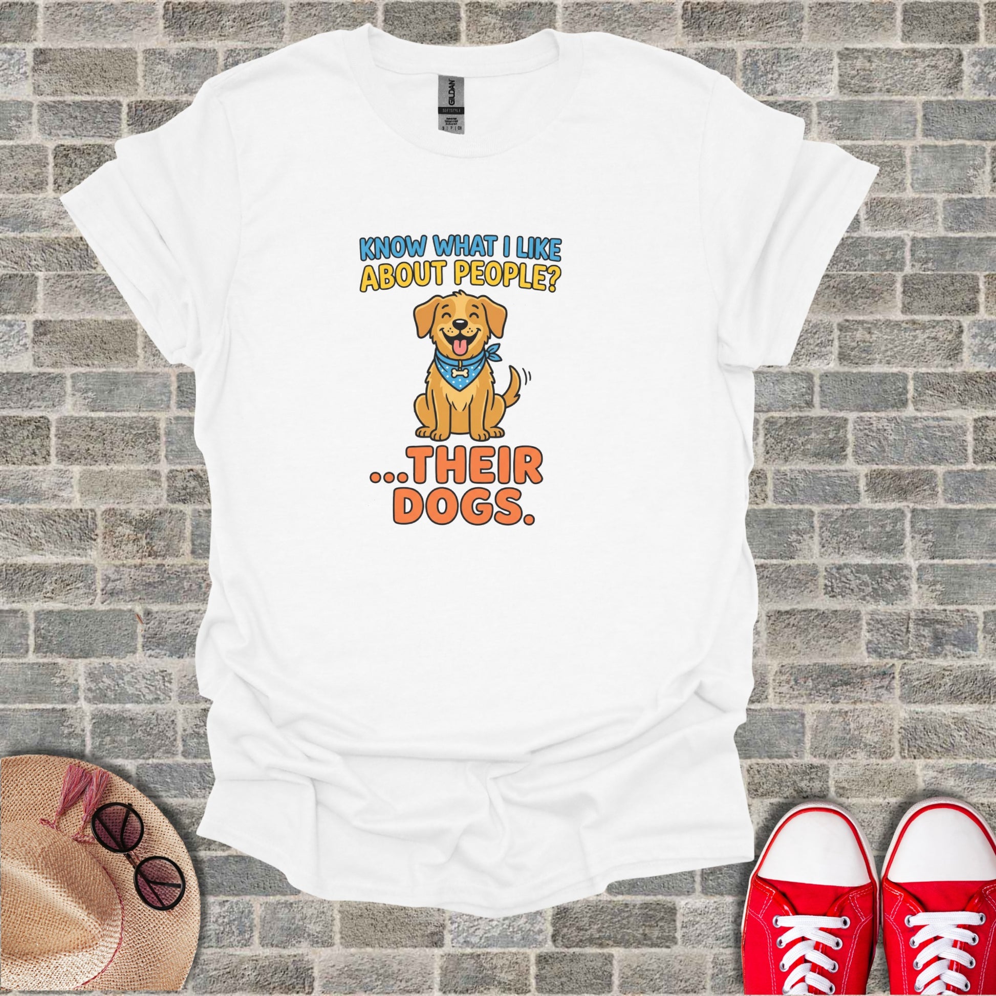 White t-shirt with cartoon dog and text "Know what I like about people?...Their Dogs."