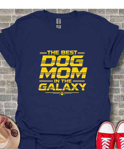 Navy t-shirt with yellow text "The Best Dog Mom In The Galaxy".