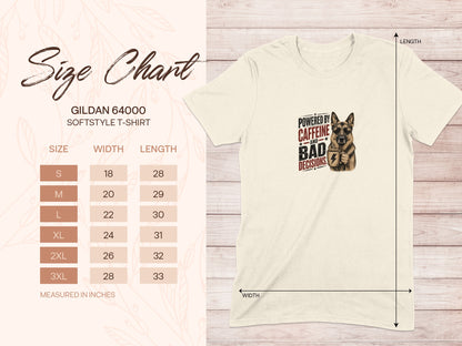 Gildan 64000 size chart with shirt graphic featuring "Powered by Caffeine and Bad Decisions."