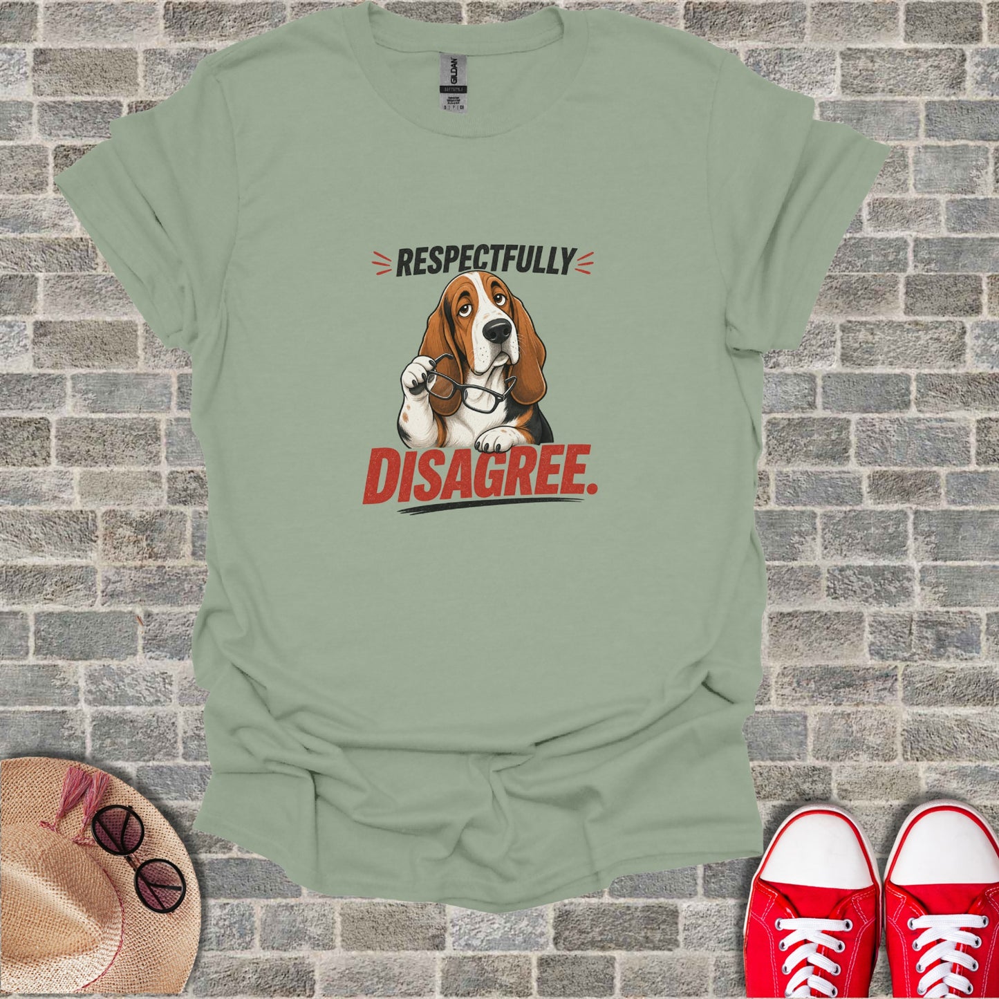 T-shirt with a Basset Hound wearing glasses and text "Respectfully Disagree."