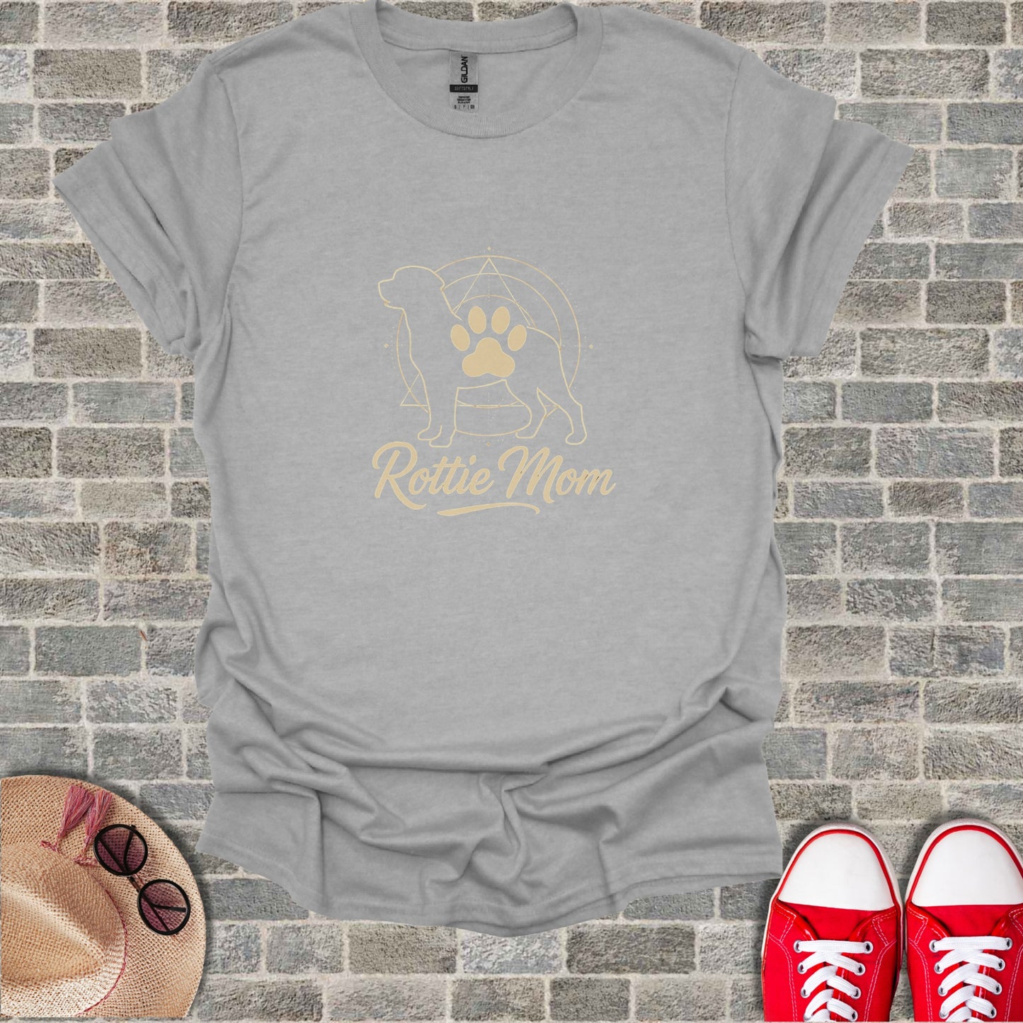 Grey t-shirt with "Rottie Mom" and paw print logo.