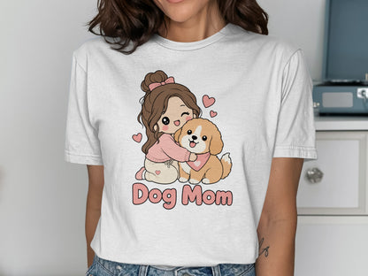 Chibi girl hugging a dog with "Dog Mom" text and pink hearts.