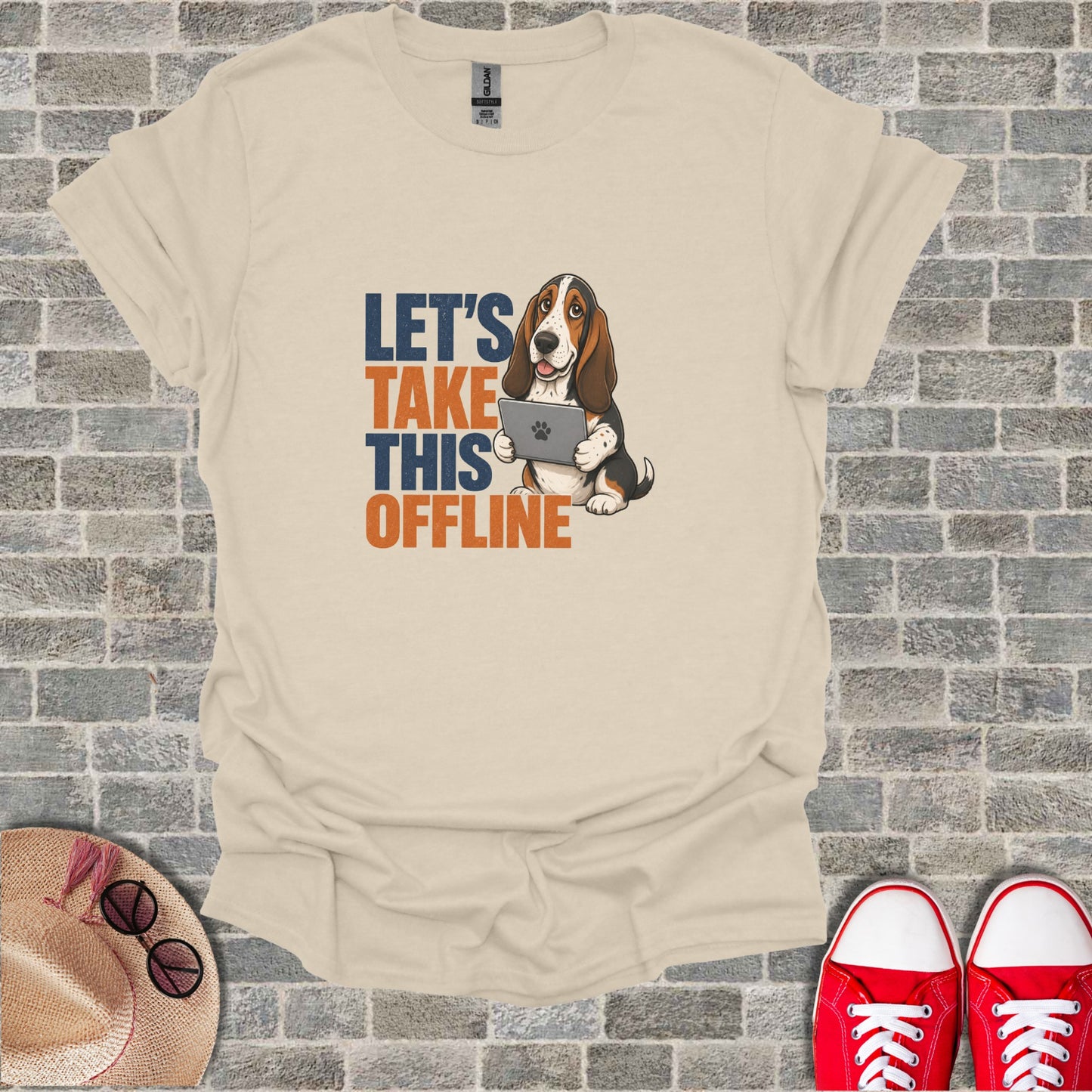 T-shirt graphic of a basset hound holding a tablet with "LET'S TAKE THIS OFFLINE" text.