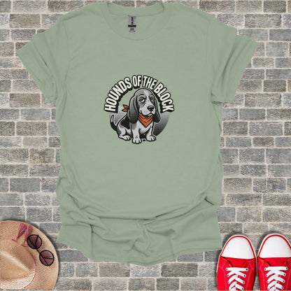 Basset hound wearing a bandana with "Hounds of the Block" text.