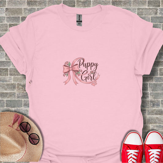 Puppy Girl Tee with Pink Ribbon Graphic Design