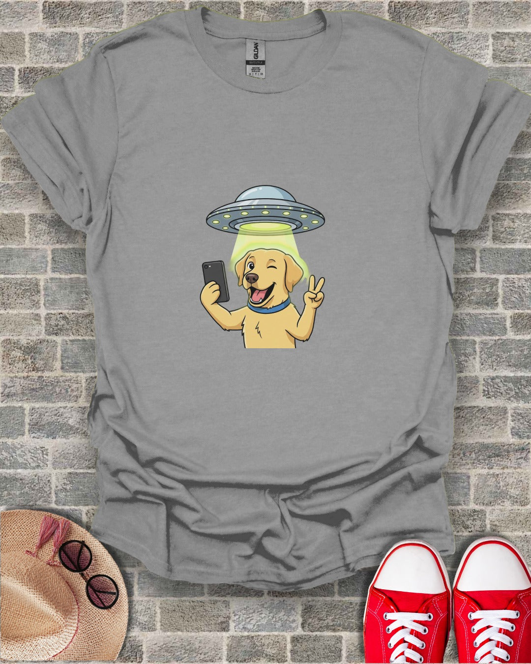 Fun Doggy Selfie Wearing UFO Hat Graphic T-shirt